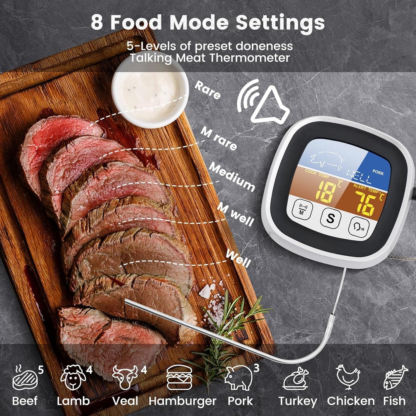 Digital Meat Thermometer Probe Touch Screen for Cooking & BBQ