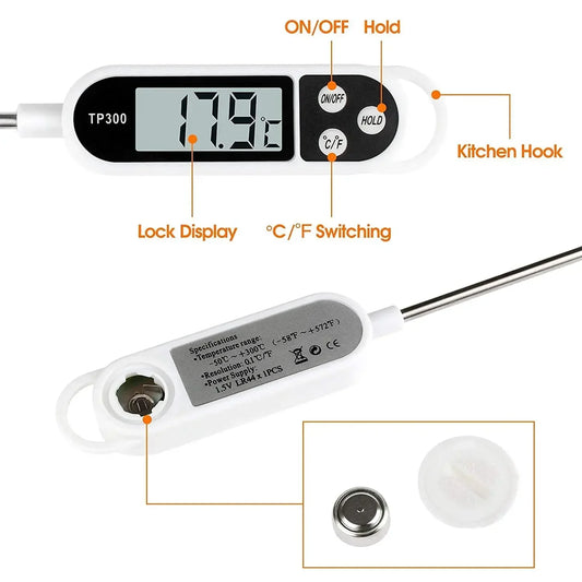 Instant Read Digital Meat Thermometer with Probe for Cooking, BBQ & Food – LCD Display