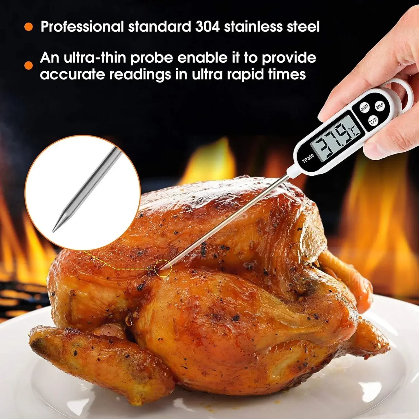 Instant Read Digital Meat Thermometer with Probe for Cooking, BBQ & Food – LCD Display